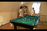 1 guy and 2 girls fucking on the billiard table